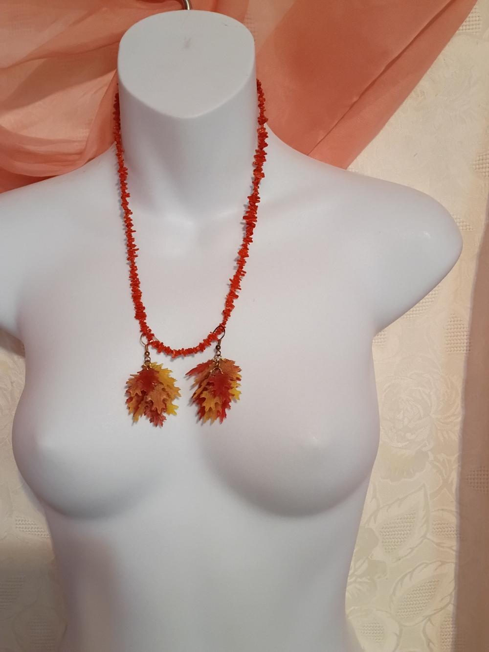 Vintage Orange Bead Necklace with Red-Orange Leaf Earrings